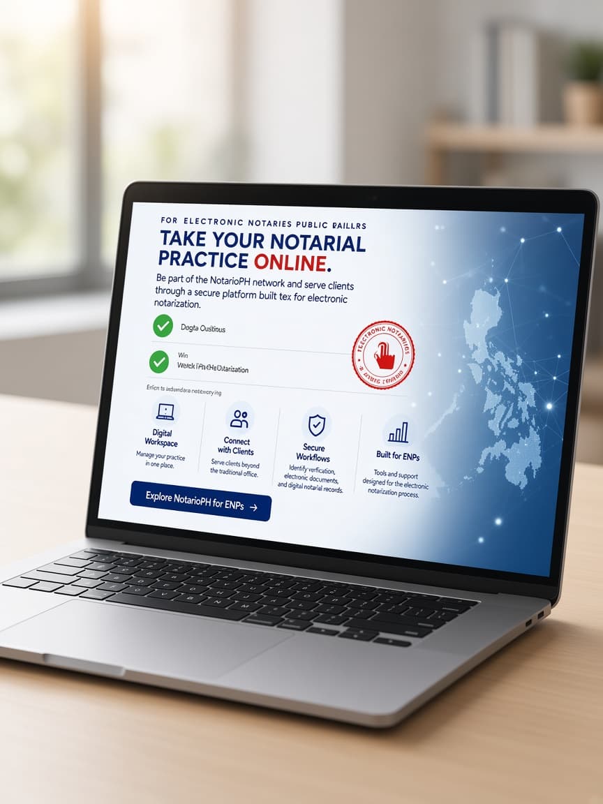 Laptop showing an electronic notarization workspace on NotarioPH by QLegal