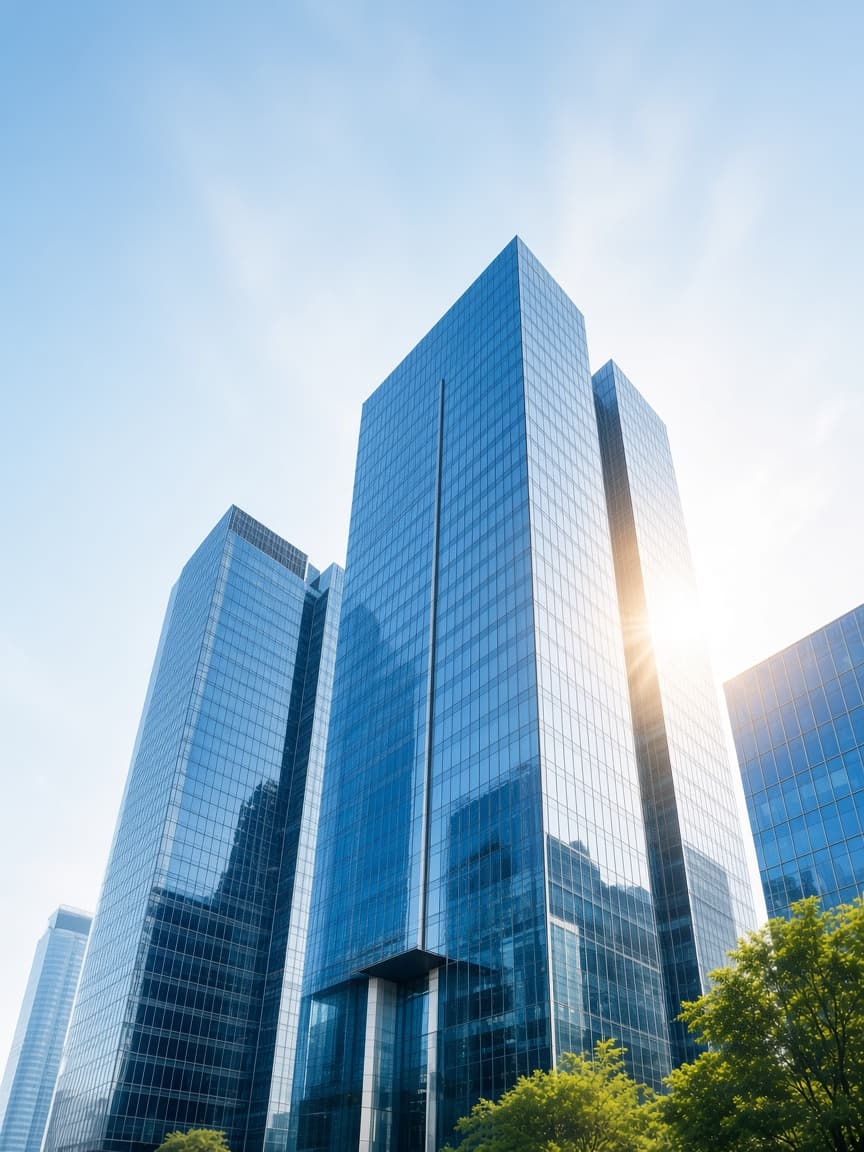 Glass skyscrapers against a bright sky
